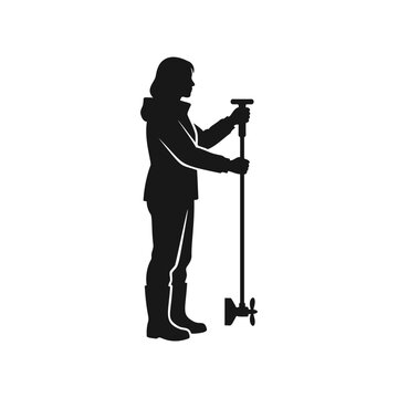 A woman stands upright holding a manual water turbidity measurement probe tool