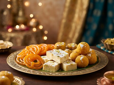 A traditional indian sweet platter featuring jalebi laddu and barfi served on an ornate brass plate for diwali