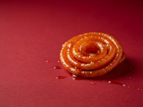 Close up of a golden chakli snack with a vibrant red background for festive celebrations