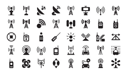 Obraz premium Telecommunication transmitters and device black glyph icons set on transparent background for layout.