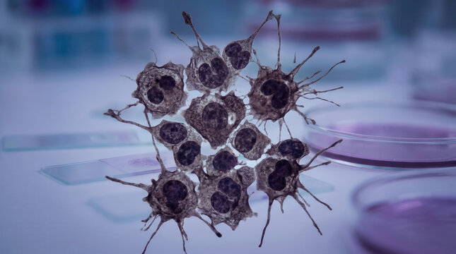 Microscopic view of dendritic cells and immune system biology in a laboratory research setting representing immunology and disease prevention
