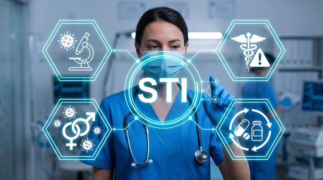 Concept of Sexually Transmitted Infections. Doctor pressing the text STI on a virtual touchscreen, symbolizing STD awareness and sexual health education.