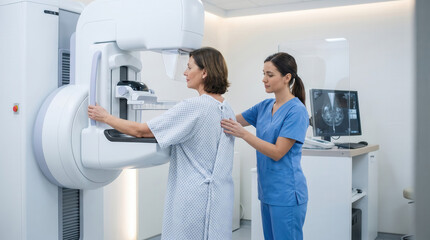 Obraz premium Middle-aged Caucasian woman undergoing a mammogram screening procedure with a female nurse in a modern hospital radiology department for breast cancer detection and prevention