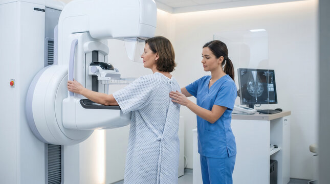 Middle-aged Caucasian woman undergoing a mammogram screening procedure with a female nurse in a modern hospital radiology department for breast cancer detection and prevention