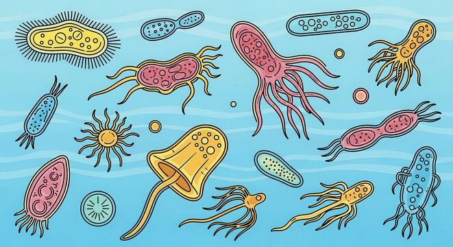 Colorful illustration of various microorganisms, including bacteria and jellyfish, swimming in a blue aquatic environment, showcasing diverse shapes and vibrant colors in a playful design