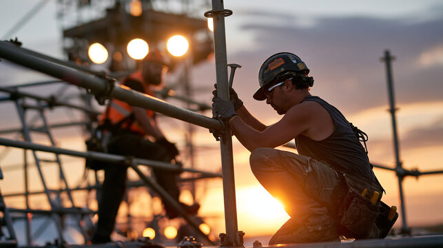 Crew members bolting together scaffolding tower for an outdoor festival mainstage at dawn