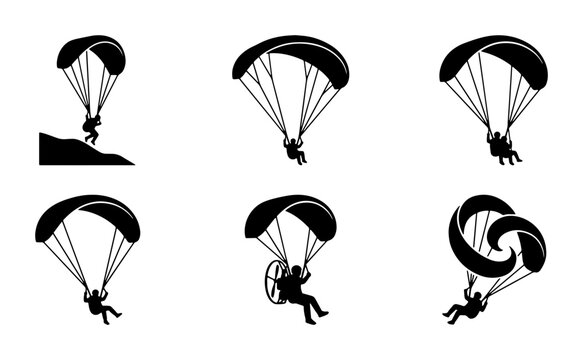 Paragliding Silhouette Icons: Extreme Sports and Adventure Activities
