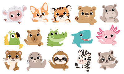 Fototapeta premium Cute collection of baby animals peeking out and waving, including lamb, cat, tiger, bear, hippo, parrot, crocodile, shark, axolotl, seal, sloth, zebra and raccoon. Flat vector illustration for kids