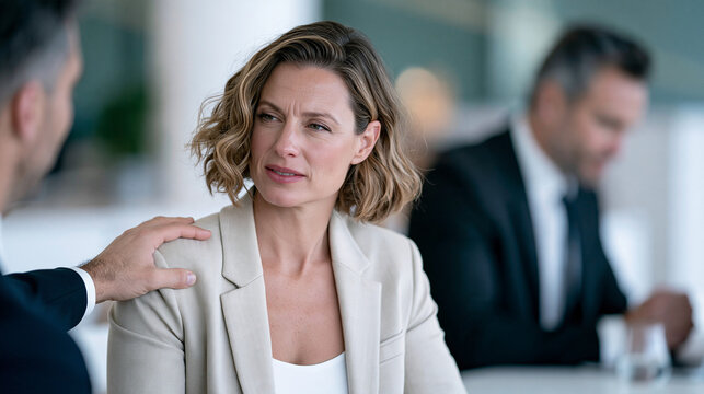 Uncomfortable businesswoman staring down at an unwanted hand on her shoulder during a performance review meeting