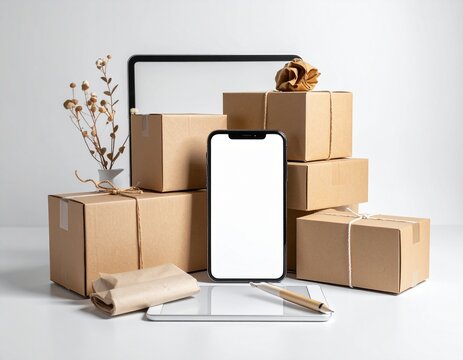 Stacked cardboard boxes and a smartphone sit next to a laptop and dry flowers, suggesting online shopping or e-commerce delivery.
