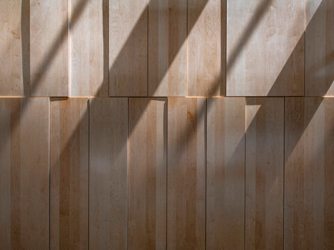 Close-up view of a wooden panel wall composed of vertical wood slats arranged in two rows, crossed by diagonal shadows of light. 