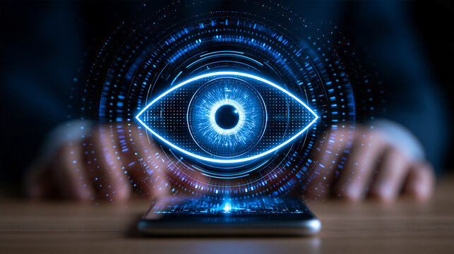 Phone resting on a table with a glowing holographic eye icon scanning above it, surveillance and privacy risk concept