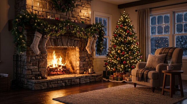 Cozy Christmas Living Room Interior with Decorated Tree and Burning Fireplace.