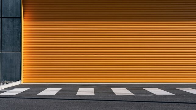 Vibrant orange corrugated metal roller shutter door with zebra crossing in urban industrial setting