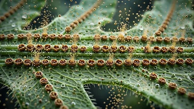 3D Motion Graphic Loop of Microscopic Fern Leaf Underside with Spores Releasing from Sori Clusters