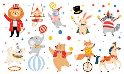 Cute flat vector illustration of a colorful circus animal set featuring a lion, monkey, seal, rabbit, raccoon, elephant, bear, fox, circus horse and dog performing playful acts. Vector illustration © Alena