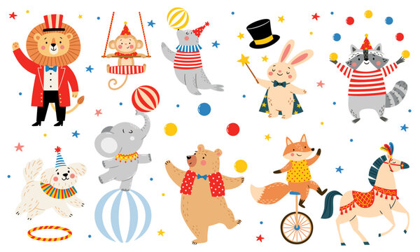 Cute flat vector illustration of a colorful circus animal set featuring a lion, monkey, seal, rabbit, raccoon, elephant, bear, fox, circus horse and dog performing playful acts. Vector illustration