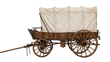 Antique wooden covered wagon with canvas roof, isolated on transparent background © STUDIOP