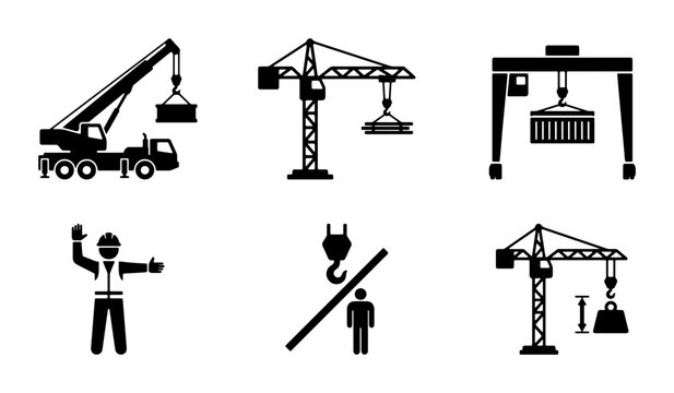 Black crane and lifting safety icons, flat industrial banner backdrop