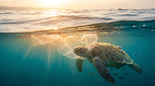 Sea turtle swims near floating plastic waste in the blue ocean