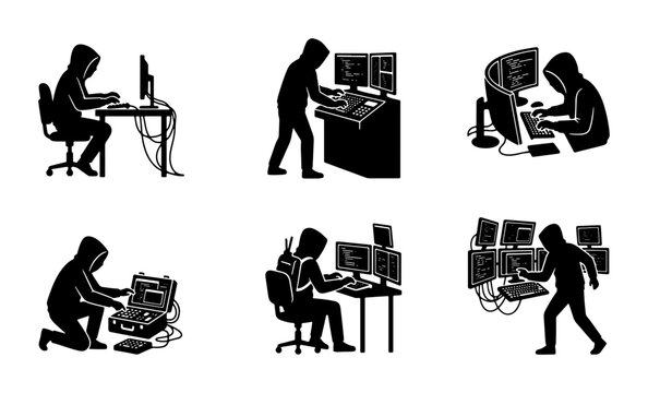 Black hacker silhouettes, flat cyber security art for website header