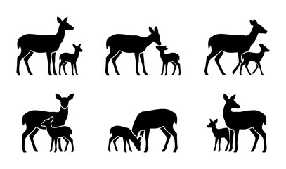 Obraz premium Black deer and fawn silhouettes, flat animal icons for banner design