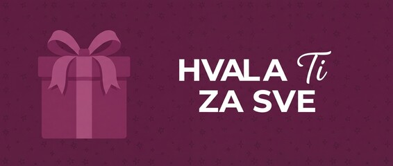 Obraz premium Thank You Gift Box Banner featuring Serbian Croatian Bosnian text Hvala Ti Za Sve on dark purple background with star pattern for holiday greeting card, customer appreciation and gift vector template