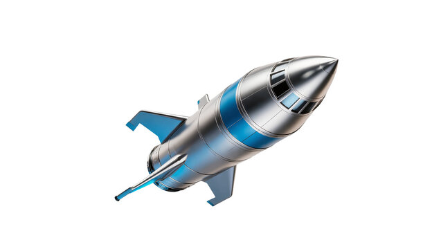 Sleek silver rocket with blue accents, isolated on transparent background