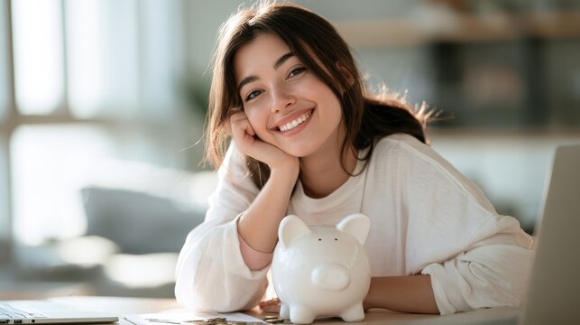 Young woman smiling while sitting at a table with a piggy bank, representing saving money and financial planning in a cozy indoor environment