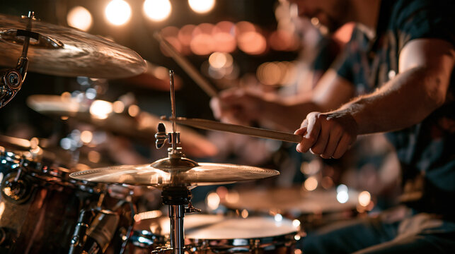 Stage lighting fixture illuminating a live concert performance with drummer playing drum kit in background, with copy space