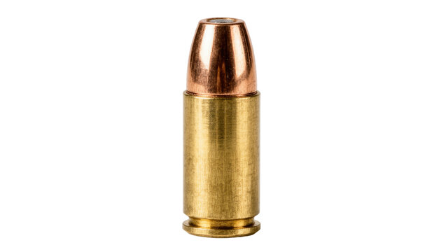 Single brass bullet with copper tip, isolated on transparent background