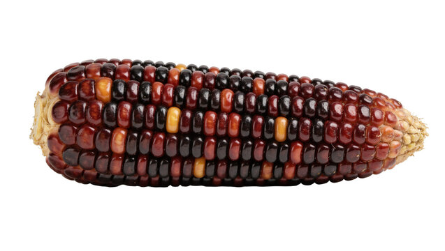 Multi-colored Indian corn cob with kernels of red brown and yellow, isolated on transparent background