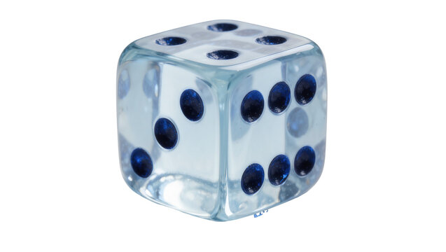 Transparent blue dice with dark blue pips showing numbers, isolated on transparent background