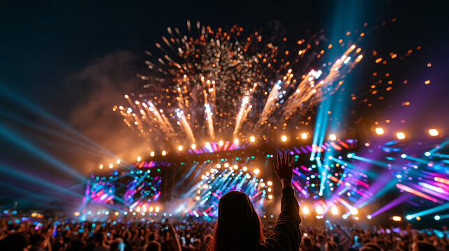 Festival mainstage with pyrotechnic sparks and colorful beam lights, empty dark sky above for copy space