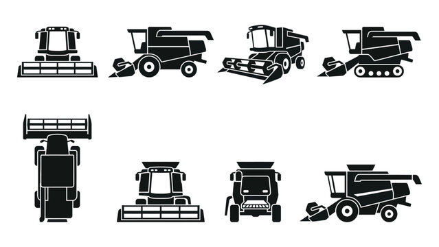 Agricultural Harvester Combine Machine Equipment Set Featuring Vector Design and Illustration for Farming Industry Concepts