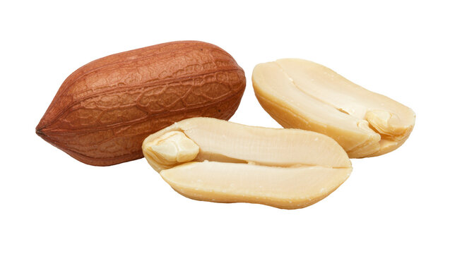 Whole and halved peanuts with textured brown skin, isolated on transparent background