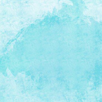 Artistic light blue watercolor wash texture with subtle paint splatters on white background.