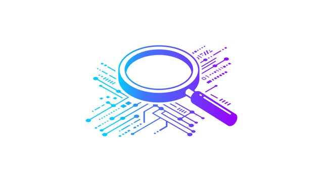 digital search symbol hovering above microchips network lines representing internet exploration and data analysis concepts for technology business presentations and software interface designs