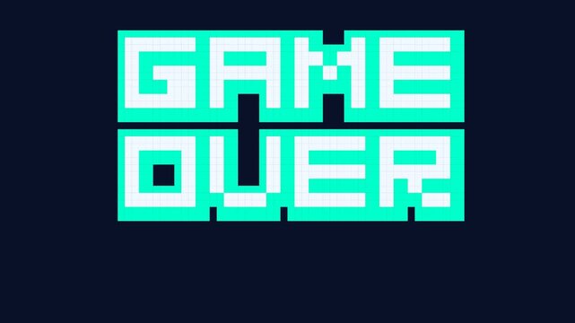 Retro pixel art Game Over text animation with neon cyan glitch effect background footage loop.