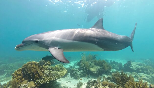 Close-up underwater shot of a bottlenose dolphin swimming over a coral reef, with divers in the background.