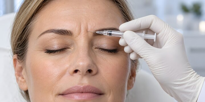 Dermatologist performing botulinum toxin micro injection for forehead frown lines correction