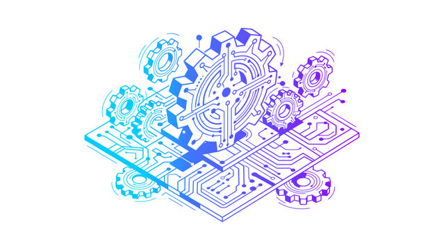 Isometric digital gear mechanism representing technical innovation and industrial automation systems for manufacturing processes and engineering projects with circuit connections and machinery