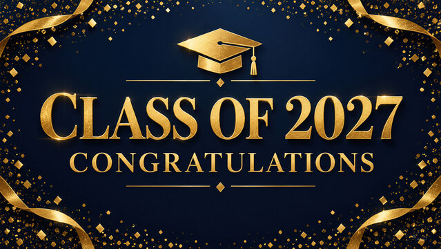 Navy gold graduation celebration with mortarboard, ribbon, confetti, and congratulatory message for graduating class