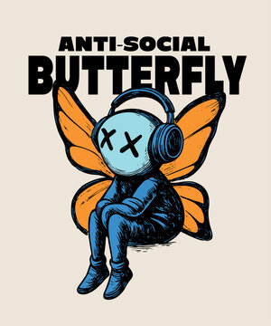 Anti social butterfly with headphones t-shirt design