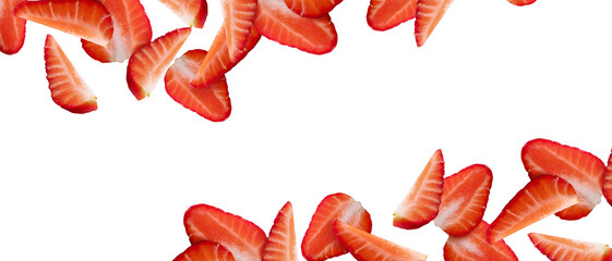 Many juicy strawberry slices banner isolated on transparent background. Bright berry frame PNG. Cut out food element border. Big cut pieces. Fruit close up. Image for jam, sweet drink packaging design © helen_tereshina