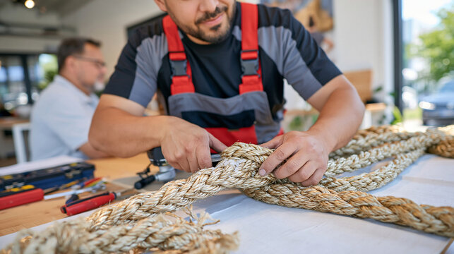 Nautical rigger in a minimalist studio sanding a rough hemp rope splice as a senior mentor observes silently salt crystal texture macro detail in foreground symbolic still life of belaying tools and
