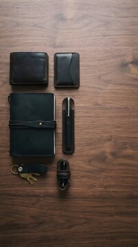 Minimalist black leather everyday carry accessories on wood, professional EDC collection with wallet and notebook, masculine lifestyle flat lay