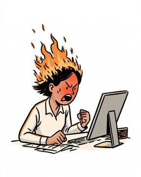Furious Employee at Computer: An illustrated woman with fiery hair and an enraged expression slams her fist on the desk in frustration while staring intensely at a computer screen.