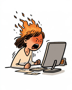 Fuming at the Screen: An animated illustration depicts a frustrated woman with flames erupting from her head and steam blowing from her ears as she glares intensely at her computer screen.