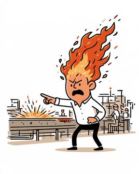 Inferno of Frustration: A cartoon man, his hair ablaze with fiery rage, points accusingly in an office setting where colleagues appear unconcerned.